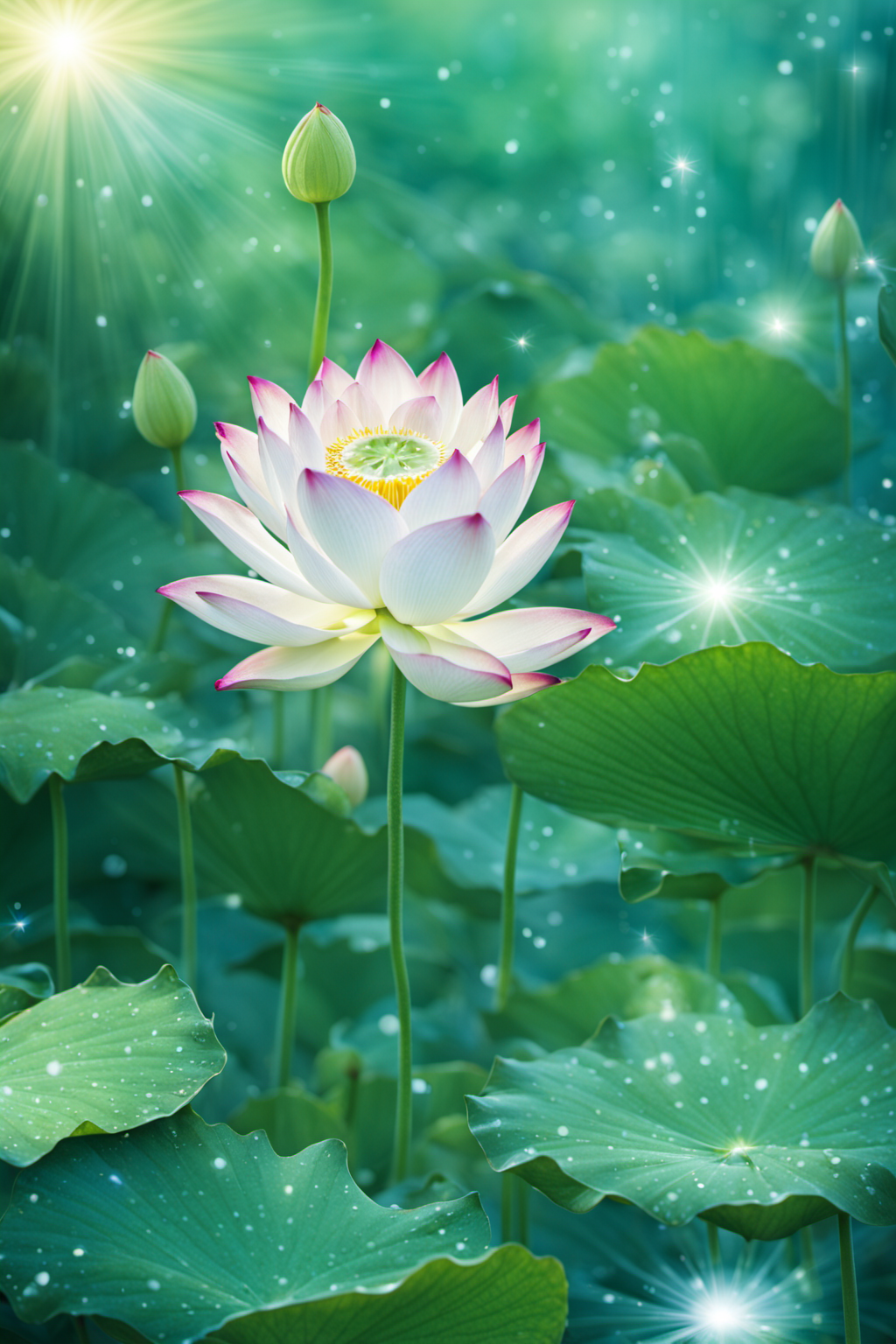 32196-2617755621-_lora_hehua_0.9_,hv,no humans,lily pad,flower,sparkle,lotus,scenery,outdoors,leaf,nature,water,light rays,blurry,.png